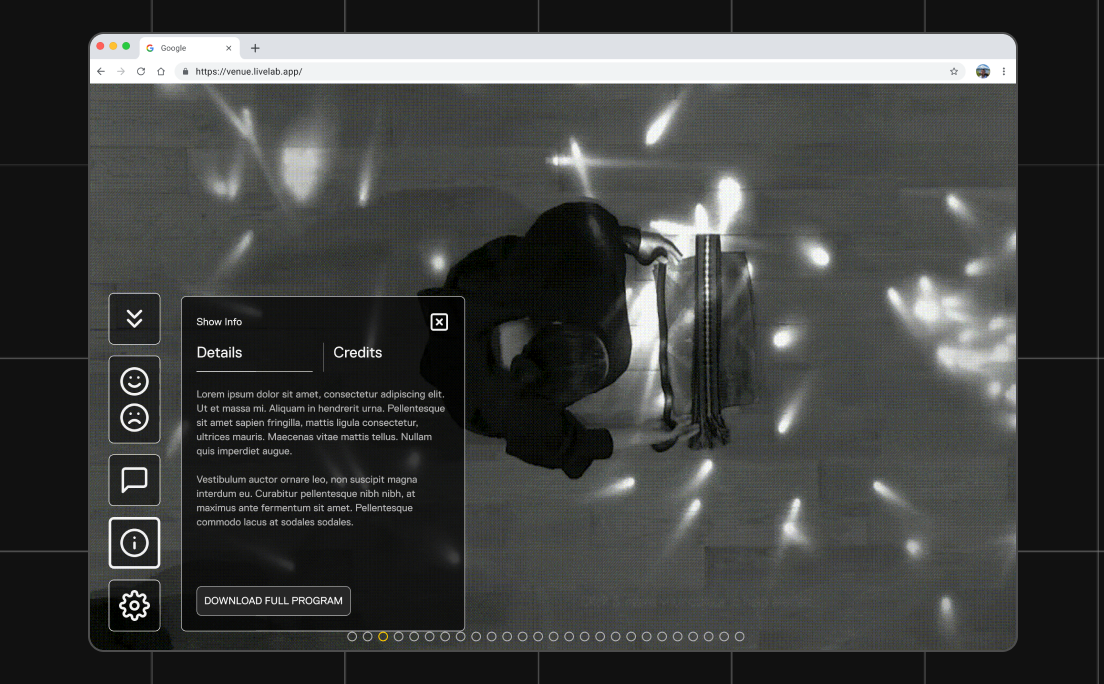 Black and white overhead performance footage with a details and credits panel