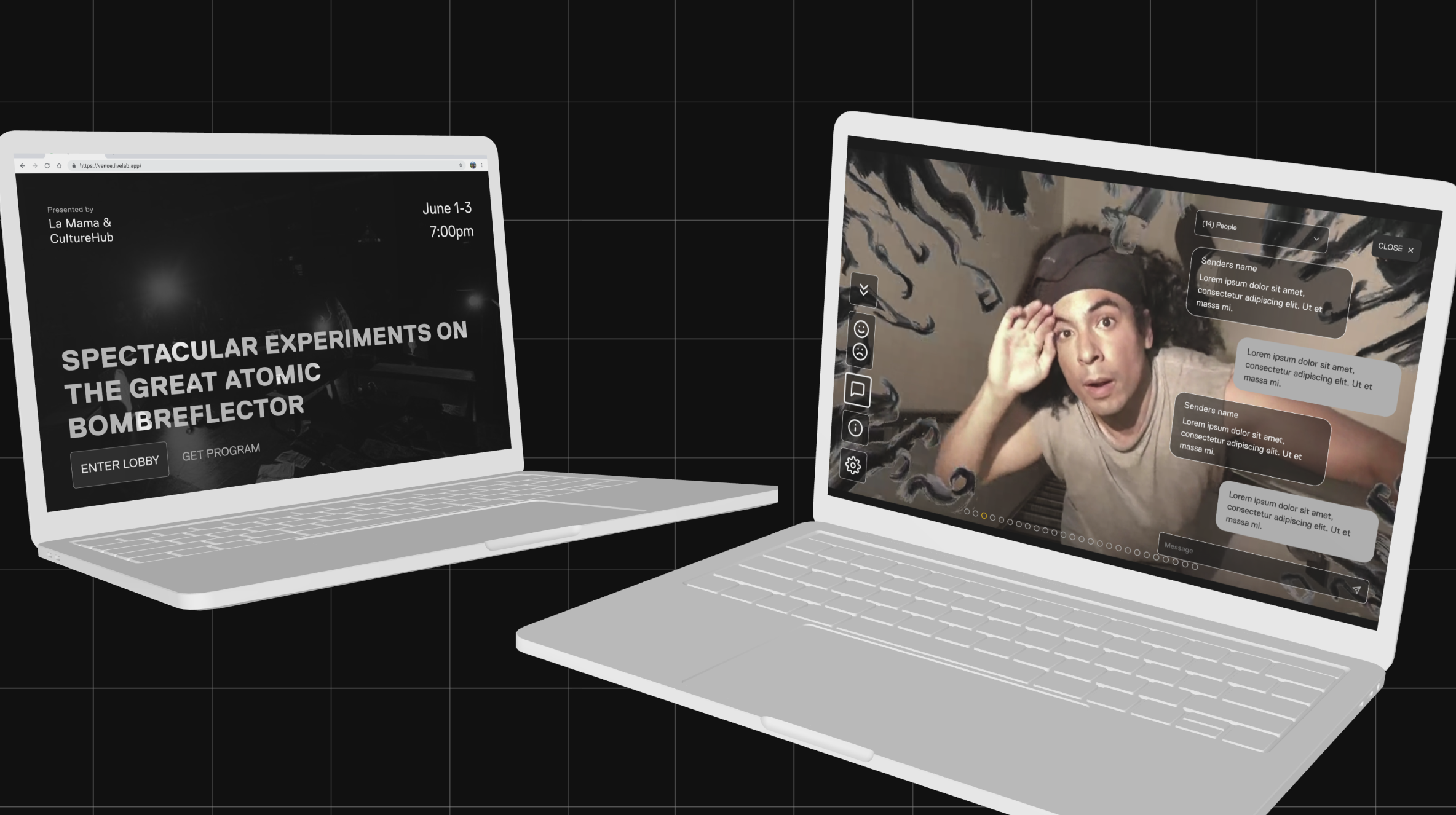 Two laptops showing the LiveLab Broadcaster event landing page and live chat overlay