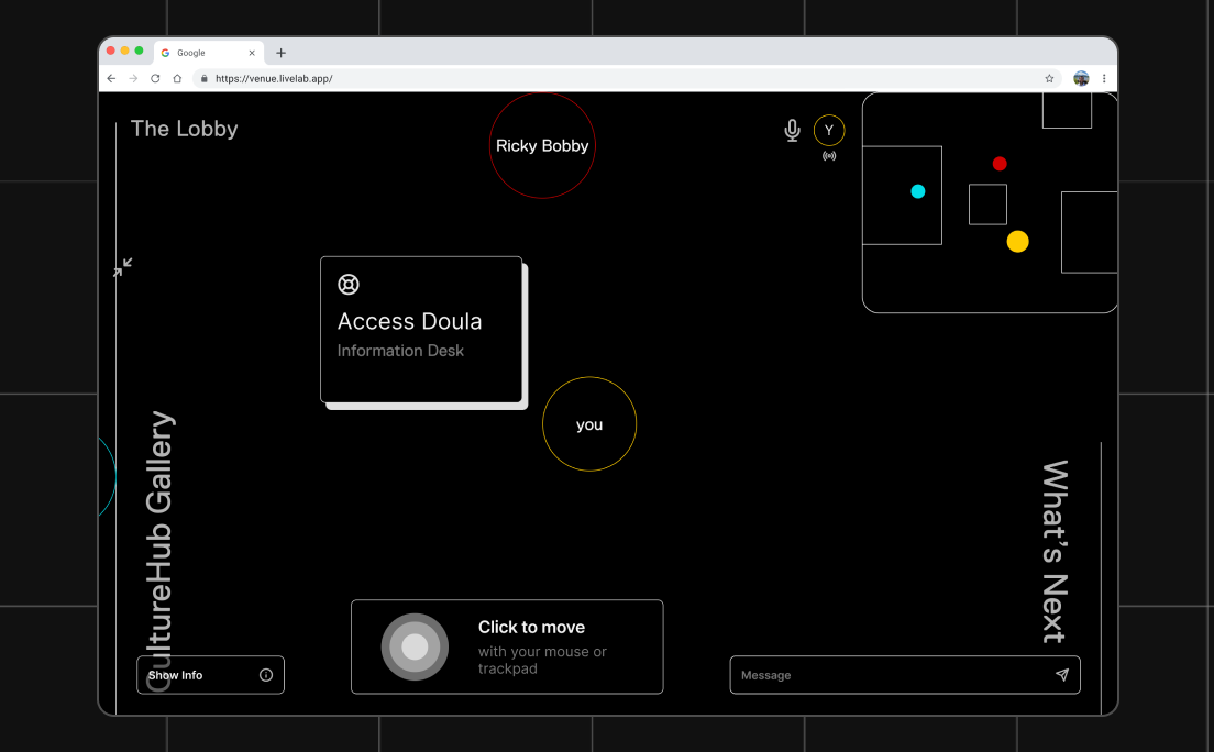 The Lobby: a virtual space with avatars and an information desk