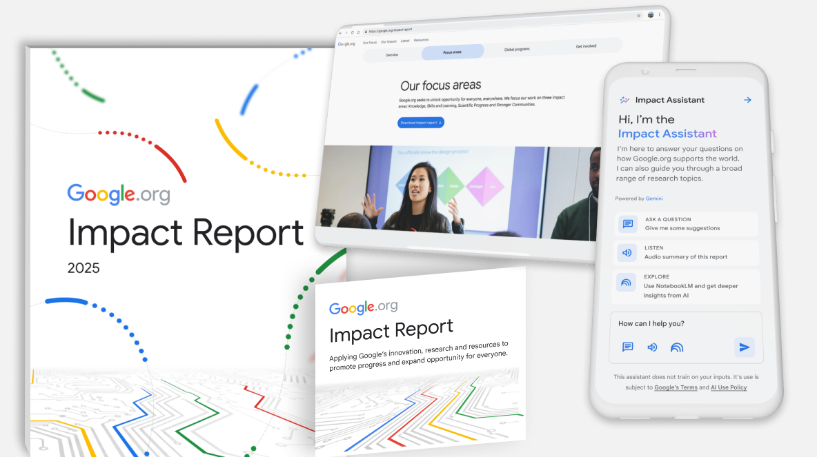 Impact report cover, tablet, and phone mockups showing the redesigned Google.org report
