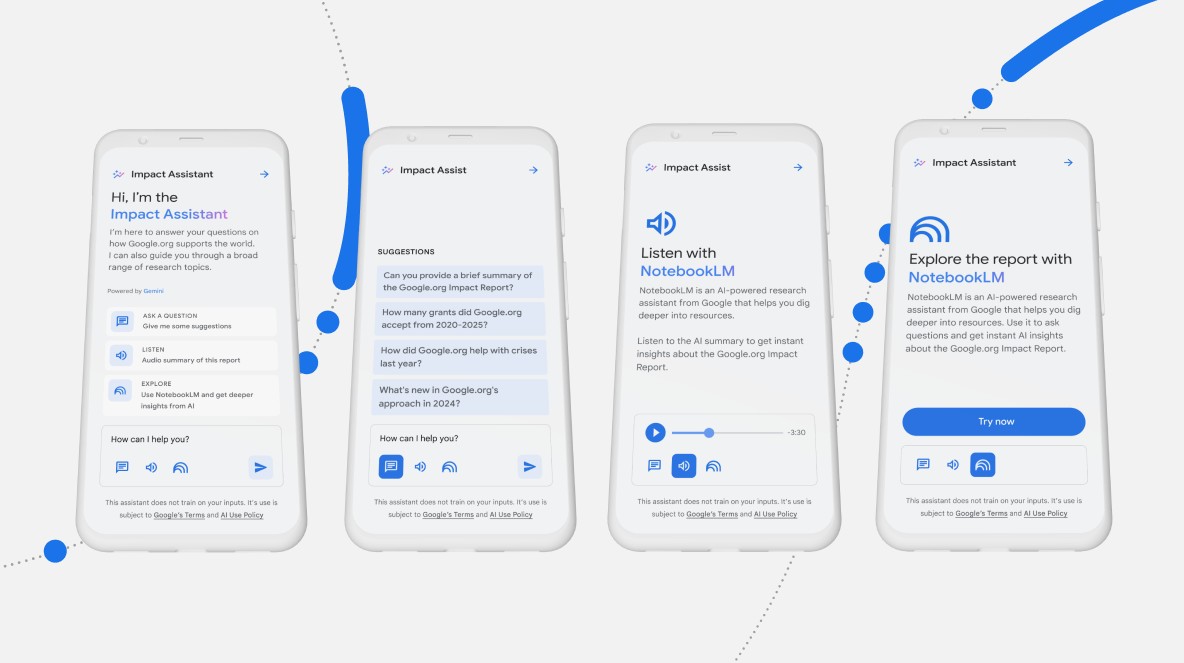 Four phone screens showing the AI agent conversation flow