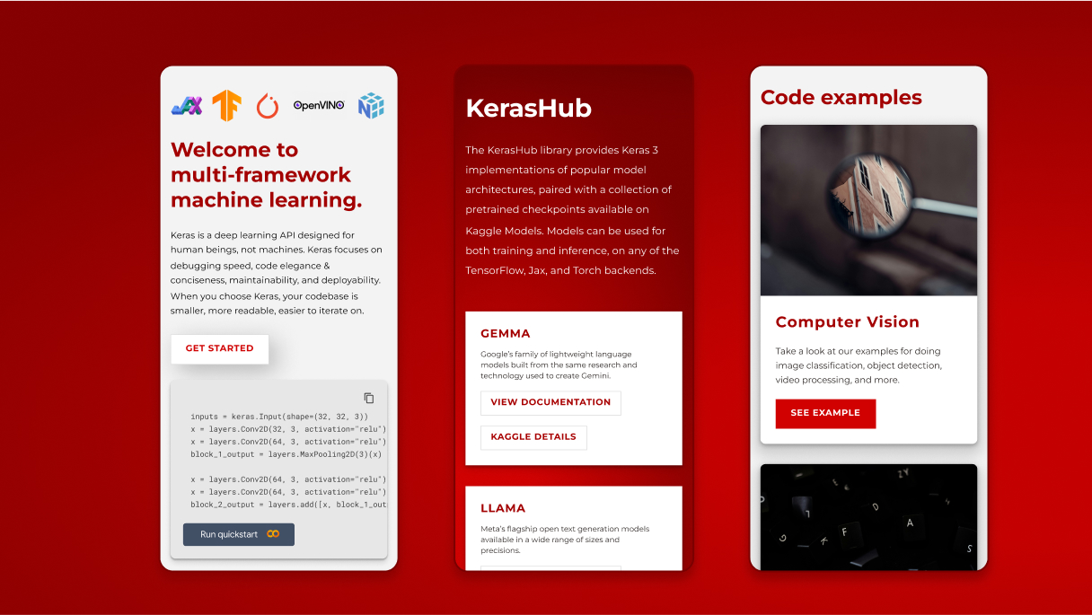 Three homepage sections: multi-framework machine learning intro, KerasHub, and code examples