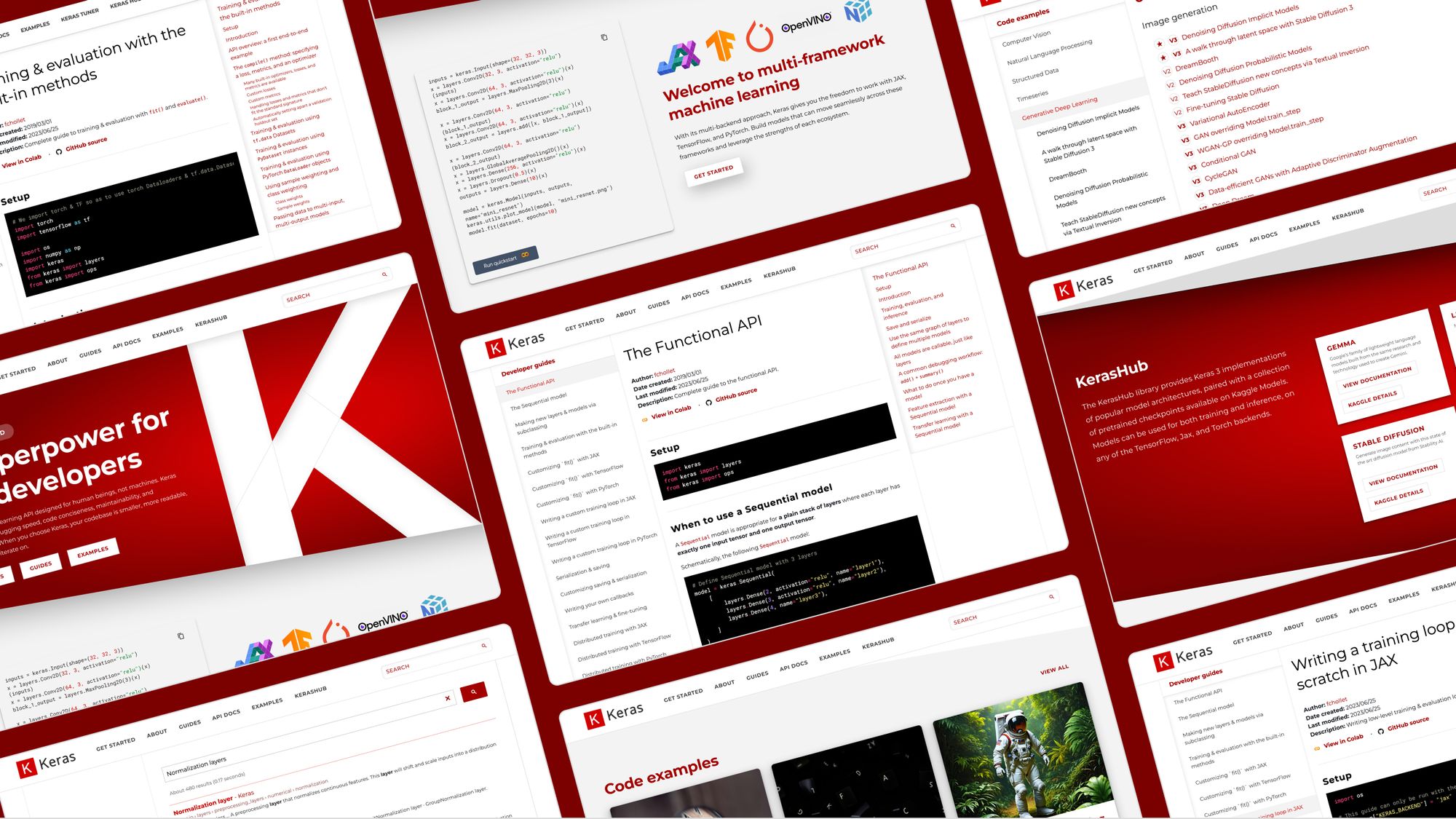 Collage of many redesigned Keras.io pages showing the breadth of the site overhaul