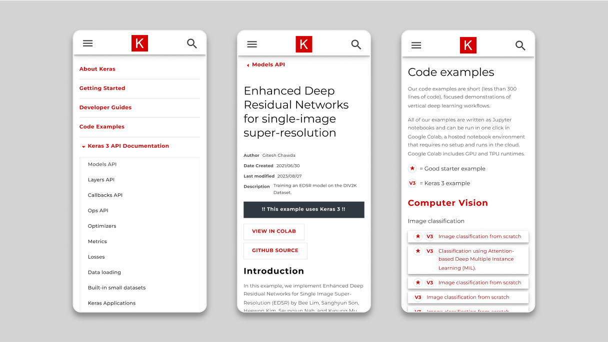 Three phone screens showing Keras documentation pages: API docs sidebar, a Models API guide, and code examples