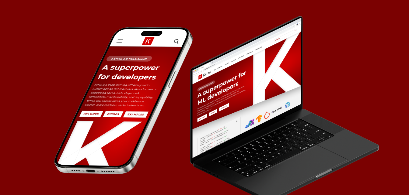 Phone and laptop showing the redesigned Keras.io homepage hero, 'A superpower for developers'