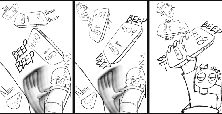 Three-panel comic sketch of an alarm clock going off and a sleepy figure snoozing it