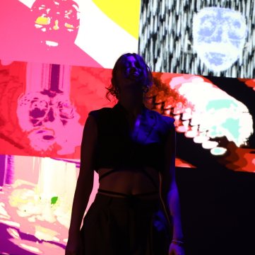 Colorful four-panel photo collage of a dancer under projected visuals