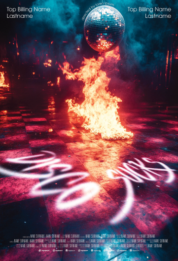 Mock movie poster, Disco Sucks, a figure engulfed in flame beneath a disco ball
