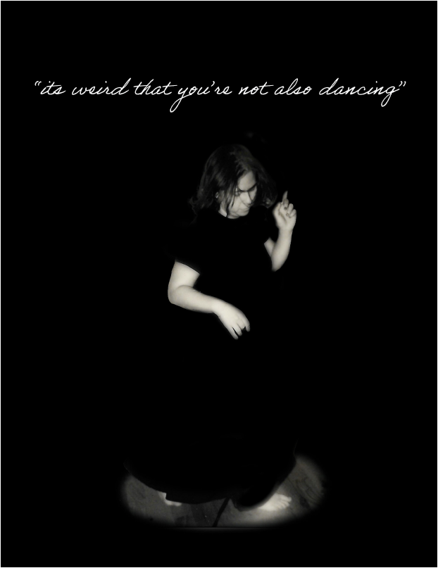 Black and white photo of a figure dancing, captioned 'its weird that you're not also dancing'