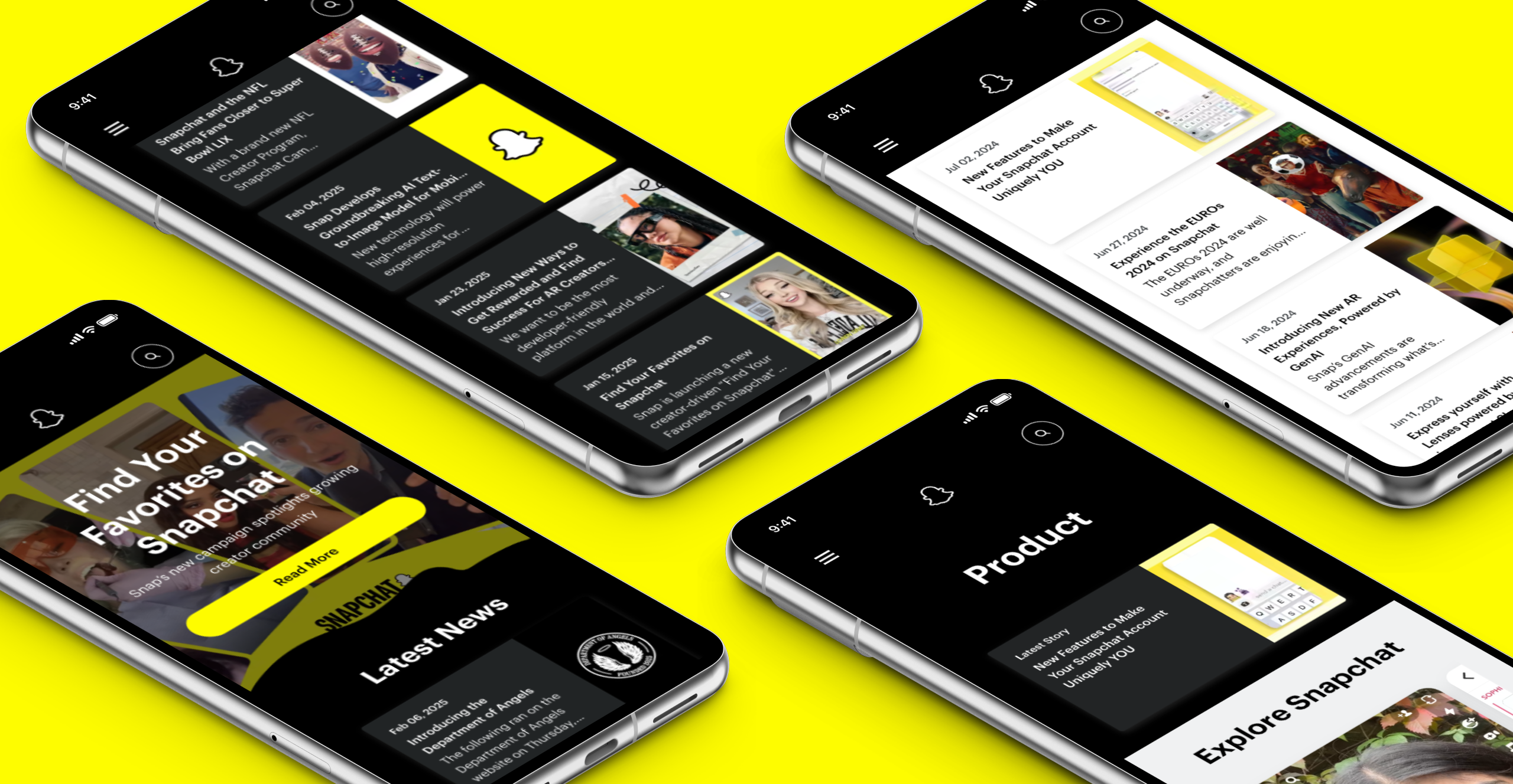 Four phone screens showing the redesigned Snapchat newsroom feed and story pages
