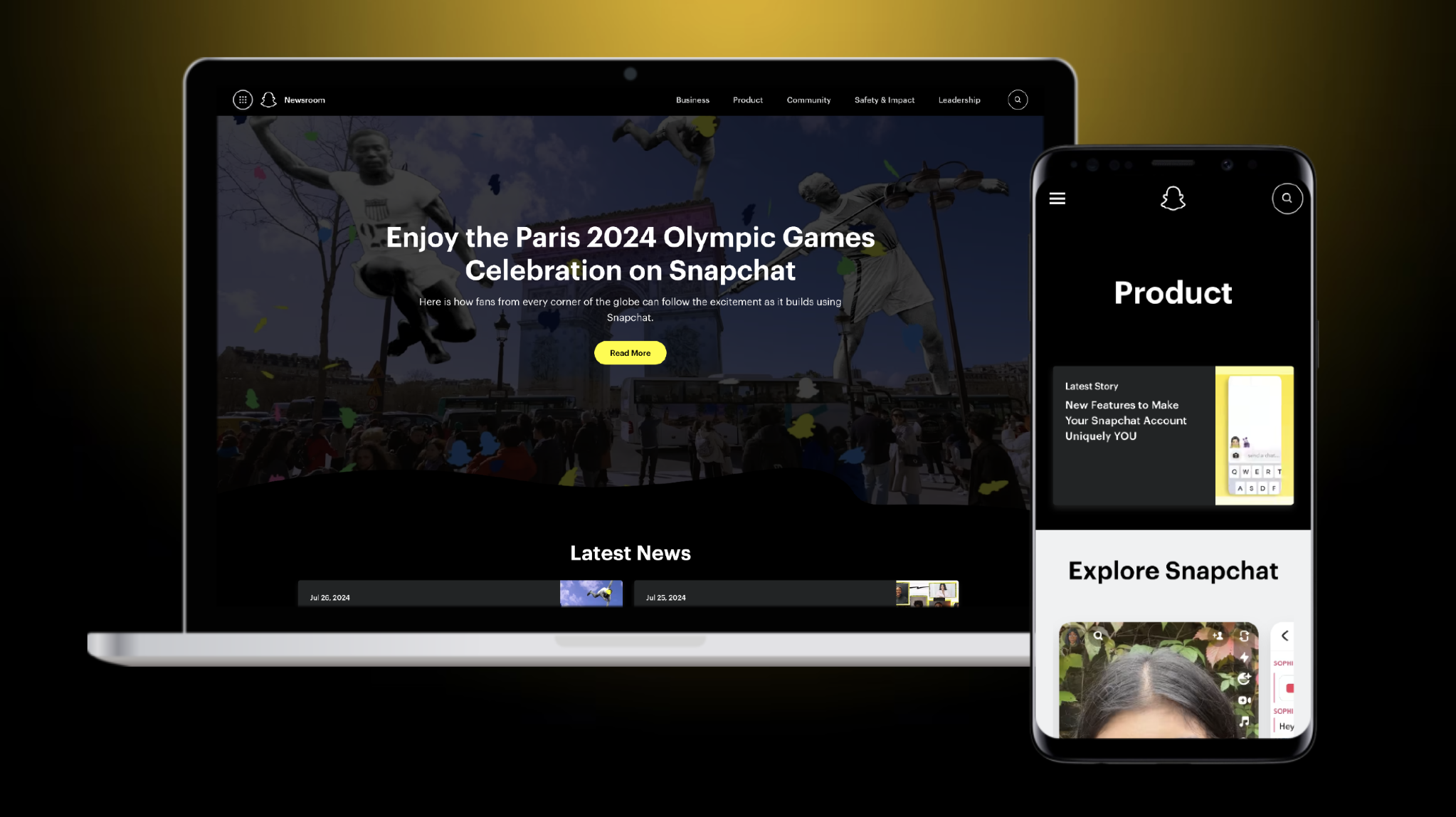 Laptop and phone showing the Paris 2024 Olympic Games hero story on Snapchat Newsroom