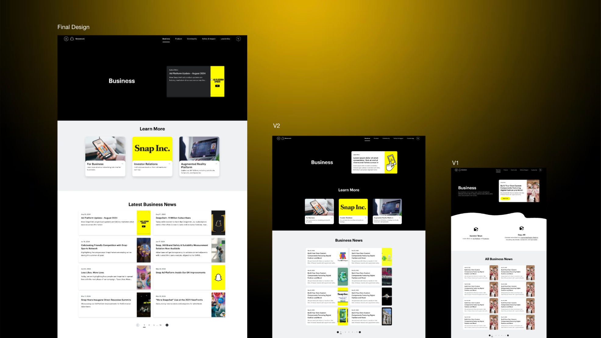 Three design iterations of the Business landing page, from V1 through final design